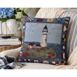 VTG Lighthouse Nautical Flags Pillow Coastal Scene Blue 16" × 16" Beach Tapestry
